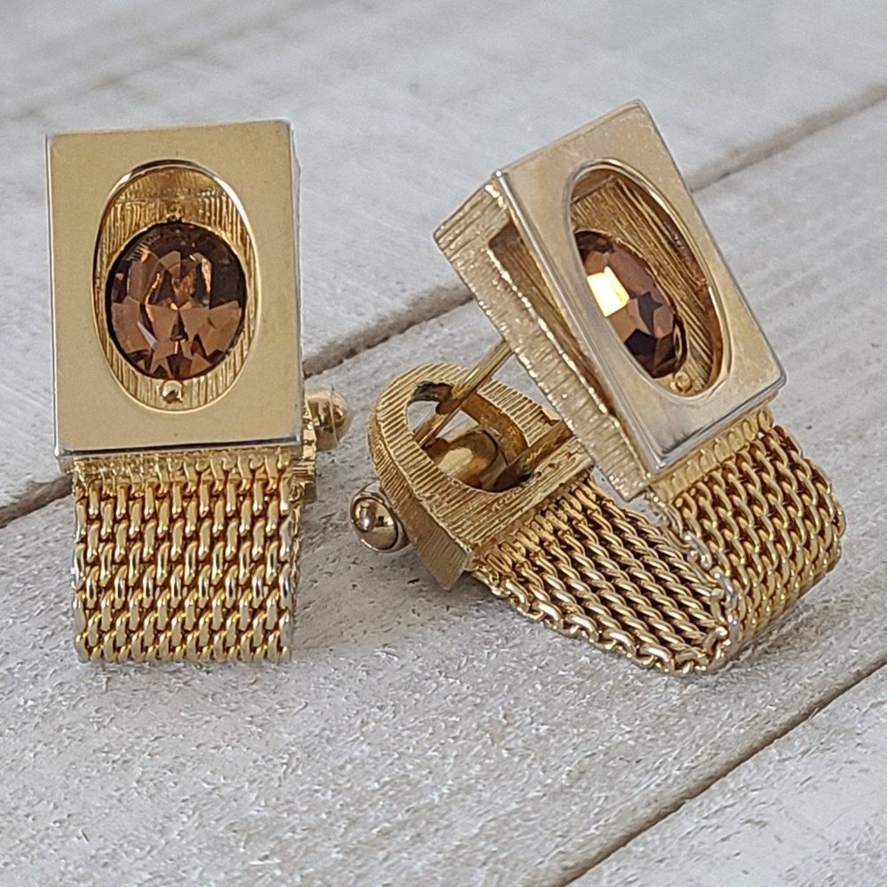 Vintage Dante Gold Tone Mesh Cufflinks Amber Rhinestone Mens Jewelry